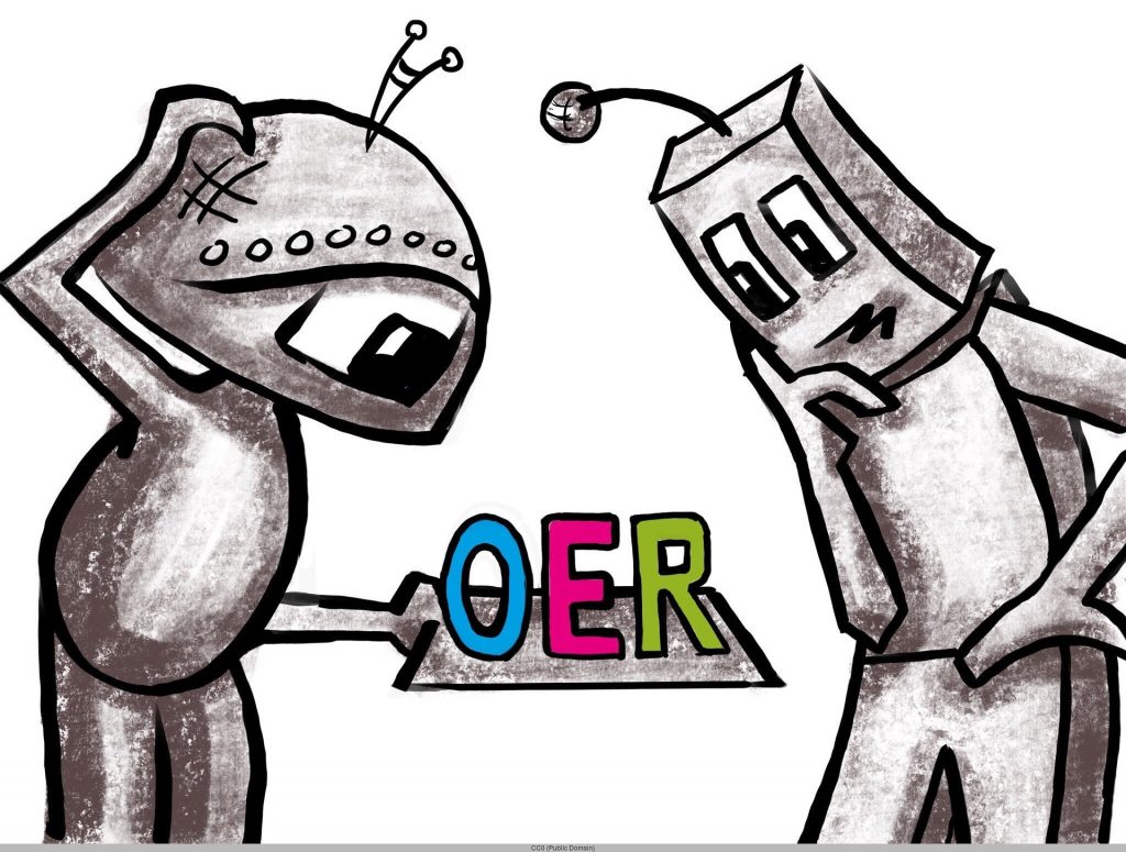 A cartoon sketch of two robots looking with confusion at the letters OER. OER stand for open educational resources.