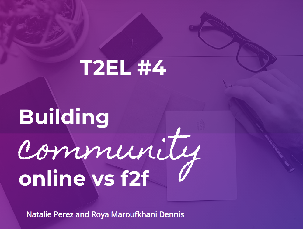 Image of desk with the text: Building community online vs f2f