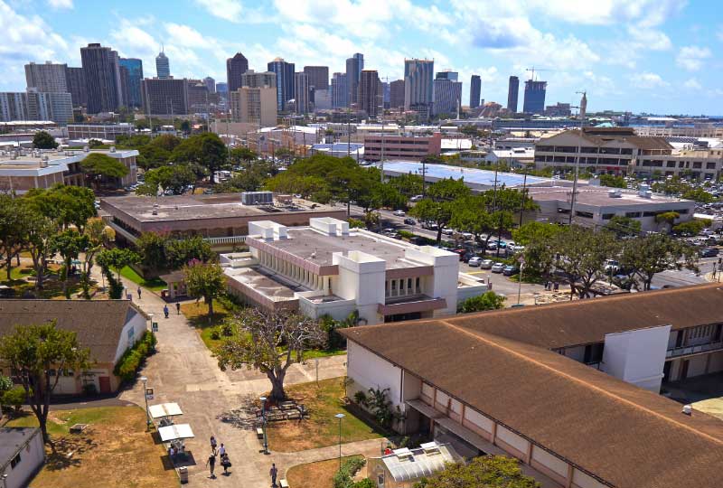 Aerial view of campus and downtown honolulu